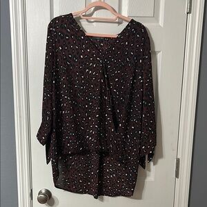 West Kei Brown High Low Cross Over Front 3/4 Sleeve Relaxed Leopard Print Blouse